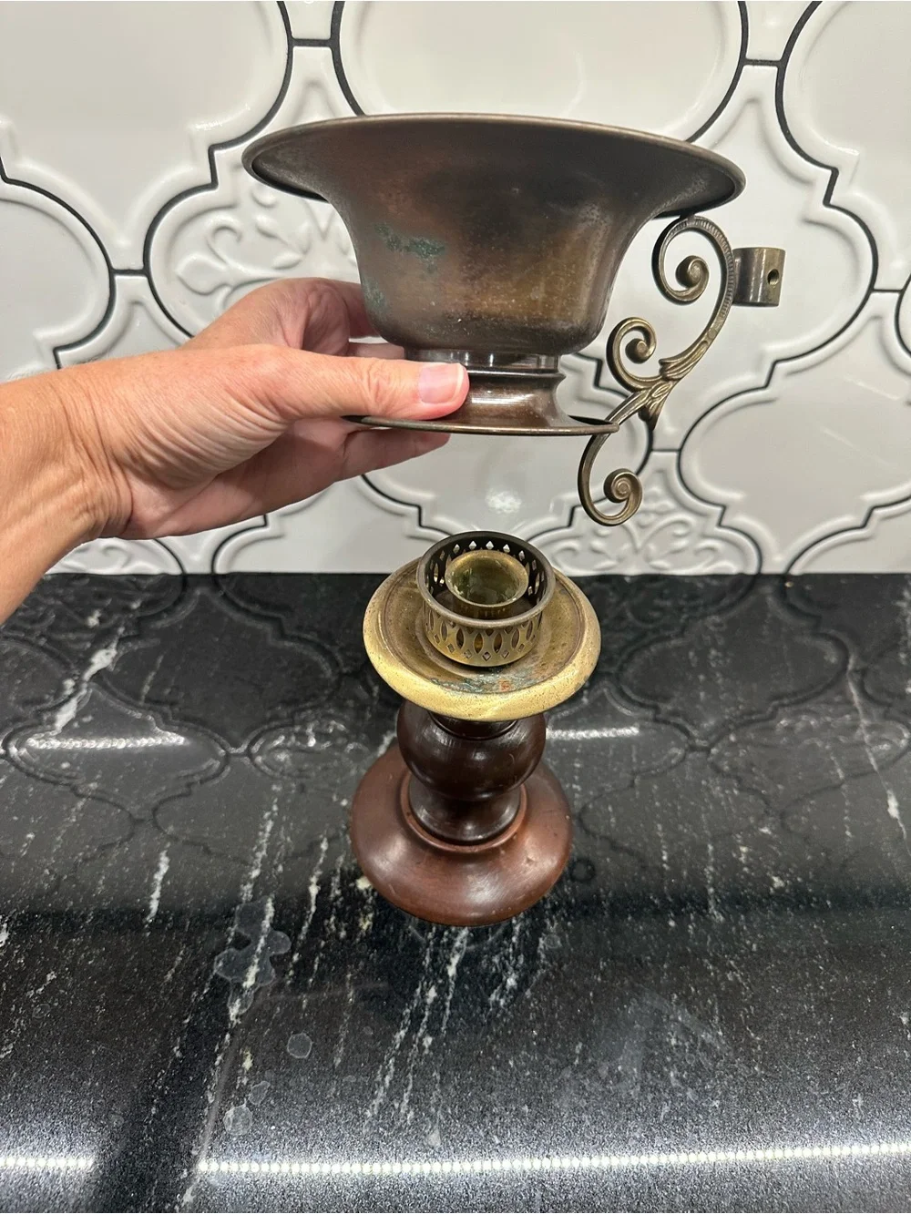 Antique-Style Brass and Wood Candle Holder - Brown